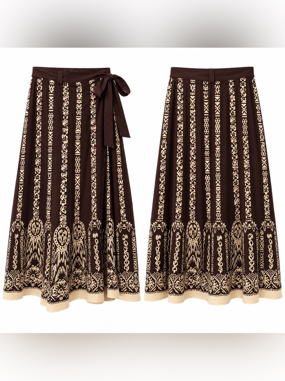 NWT Millenium Brown & Cream Printed True Wrap Midi Skirt Size S - Picture 3 of 3